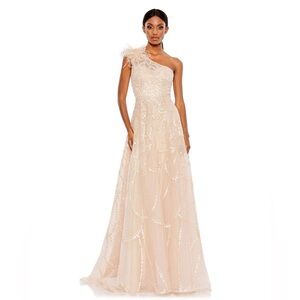 STUNNING NWT Mac Duggal EMBELLISHED ONE SHOULDER A LINE GOWN Peach Feathers Prom